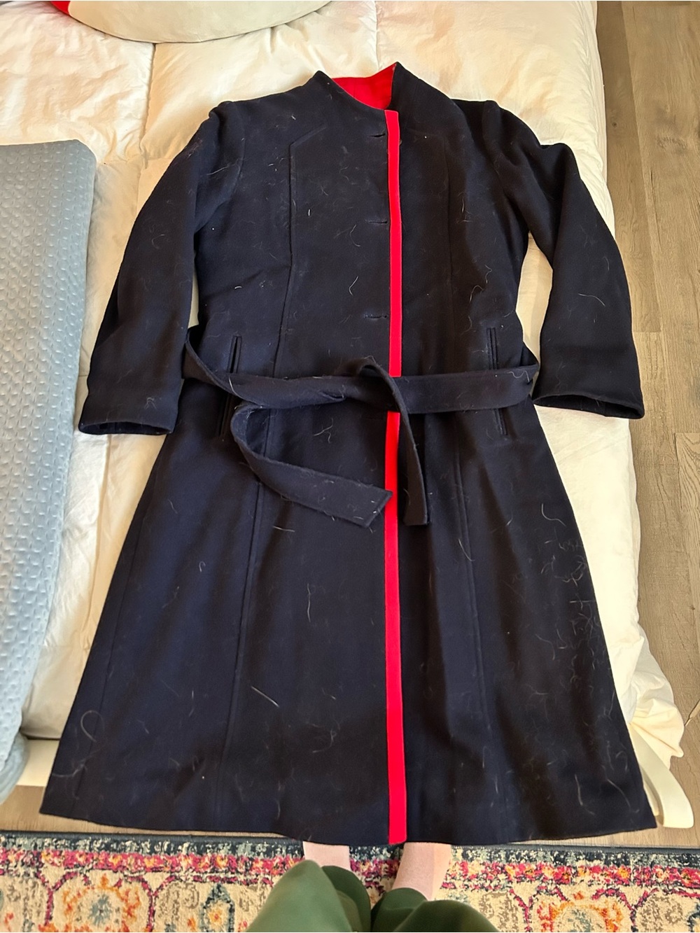 Vintage Wool Navy Trench Coat with Red Accent Trim